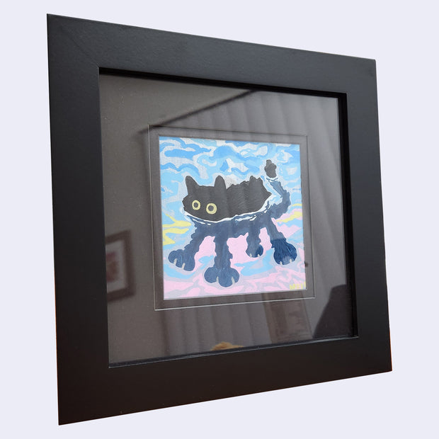 Illustration of a cartoon black cat half submerged in a colorful body of water, with its legs visually distorted from underwater effect. Its in a black frame with a black mat.