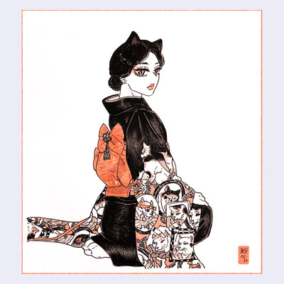 Ink illustration of a woman with cat ears wearing a black kimono with elaborate sleeves featuring cat portraits. She kneels on the ground and looks back over her shoulder at the viewer.