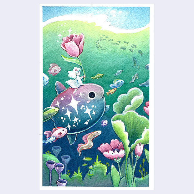 Colored pencil illustration of a green and blue underwater scene. A small girl rides atop of a sunfish and holds a large flower. Small fish swim around them and greenery frames the bottom of the work.