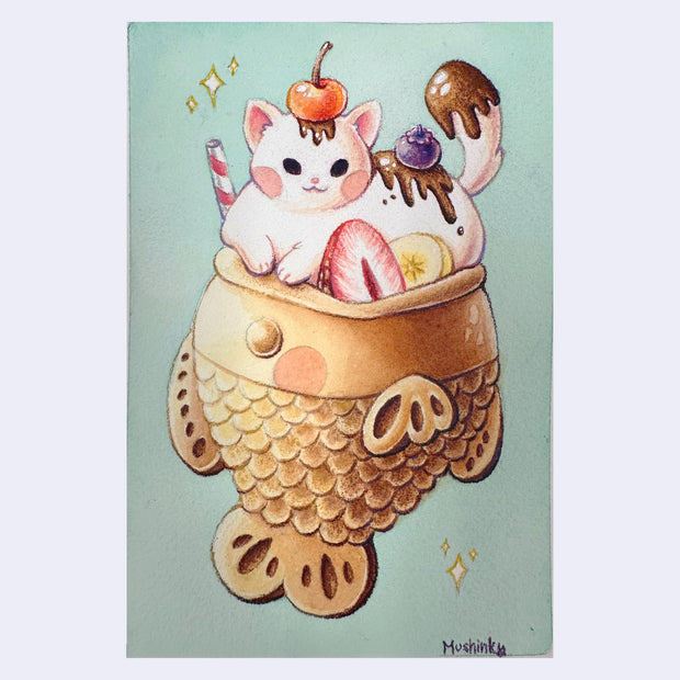 Colored pencil illustration of a fish shaped pastry, with a white cat sitting atop it mimicking ice cream. Chocolate sauce and a cherry tops the cat, with fruit around it and inside the pastry. 