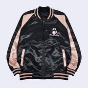 Shiny polyester bomber style jacket with a black body and light pink sleeves. Front has a small graphic of My Melody on the left breast with her name written in white cursive below.