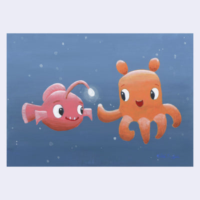 Painting of a vampire squid and an angler fish, done in a cute cartoon style with large eyes and smiling faces. They reach hands out to each other, as though high-fiving. 