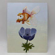Painting of a cartoon style goldfish, floating above a purple flower. Background is a pastel blue to pastel green gradient.