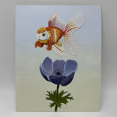 Painting of a cartoon style goldfish, floating above a purple flower. Background is a pastel blue to pastel green gradient.