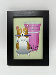 Painting of a chubby corgi standing on its hind legs and holding a straw in its mouth. Behind it is a large hot pink drink with boba at the bottom. Piece is framed.