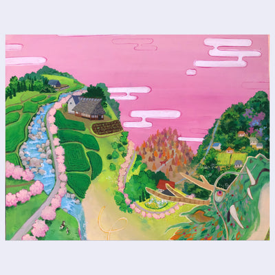 Painting of a a lush hillside, with a house and trimmed bushes and rice fields. A river runs through it and sakura trees dividing sections. In the bottom right corner is a dragon's head, upturned as if flying away and its body is the hillside itself.