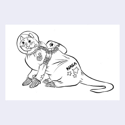 Ink drawing on white paper of a cartoon cat, wearing a full body space suit that reads "NASA." It wears a helmet that is attached to a handsfree microphone. 