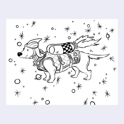 Ink drawing on white paper of a cartoon dog with a long body, standing on all fours and wearing a vest with 2 rockets strapped to its back. It wears a helmet and a determined face, with simple stars in the background.