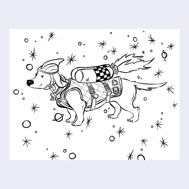 Ink drawing on white paper of a cartoon dog with a long body, standing on all fours and wearing a vest with 2 rockets strapped to its back. It wears a helmet and a determined face, with simple stars in the background.