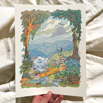 Risograph print of a small character standing at the end of a hiking trail, looking out at an expansive mountain overlook. Trees frame the scene, with birds, bears, butterflies and small snakes.