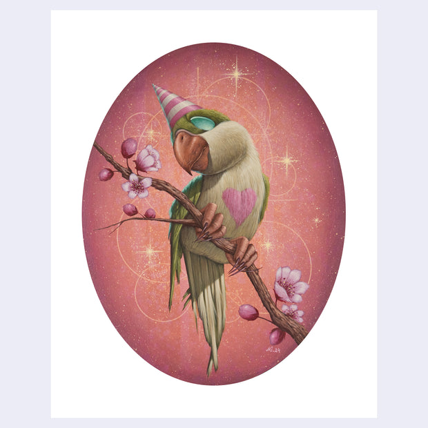 Art print on oval shaped panel of a green bird with a pink striped cone shaped party hat. It has a pink heart on its chest and is perched on a branch with blooming spring blossoms.