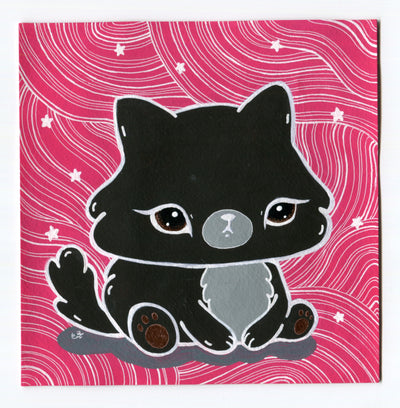 Painting of a chubby cute cartoon cat with a large head. Its dark gray with a light gray belly and sits on the ground, looking apathetic. Background is pink with thin wavy white lines and scattered small stars.