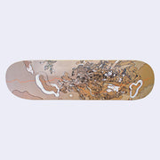 Tan skatedeck featuring illustration of a woman with a dragon over her, with its head stacked atop hers and and its body following behind. It has a curly mane, wooden antlers and scales. Clouds are around the pair.