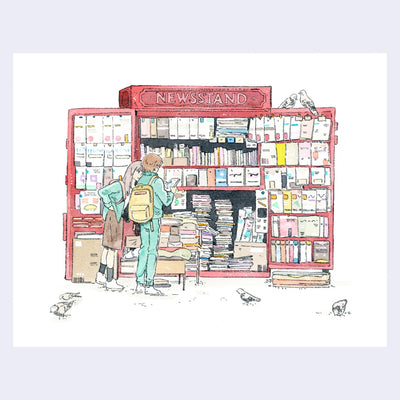 Ink and watercolor illustration of a newstand, with many stacks of magazines and newspapers. 2 people stand facing it, with one reading a magazine and the other reading over their shoulder.