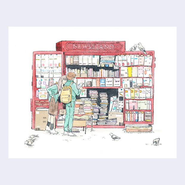 Illustration of a cluttered newsstand, with 2 people standing and reading a book.