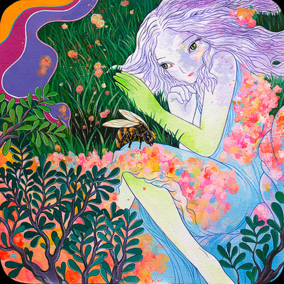 Colorful painting of a girl, colored light purple and green, laying in a grass field with pink flowers around her. A large bee sits on her knee, leaning down to the flowers.