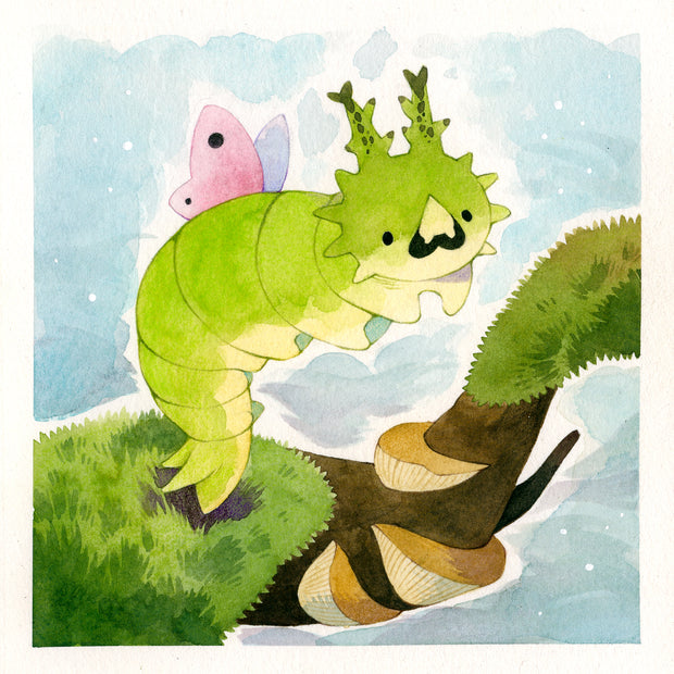 Watercolor painting of a green caterpillar, climbing on a mossy branch with mushrooms. It sprouts small pink butterfly wings atop its back. 