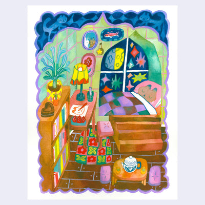 Colorful gouache illustration of a room interior, with tiled walls and wood floors. A cat sleeps in a bed nestled into a window sill. The room has a desk, bookshelf and tea table. 