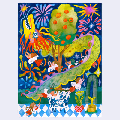 Colorful painting of a green dragon with sparkly eyes, flying around a blooming orange tree. Several small girls with angel wings hold onto poles that hold up the dragon. Fireworks go off in the background.