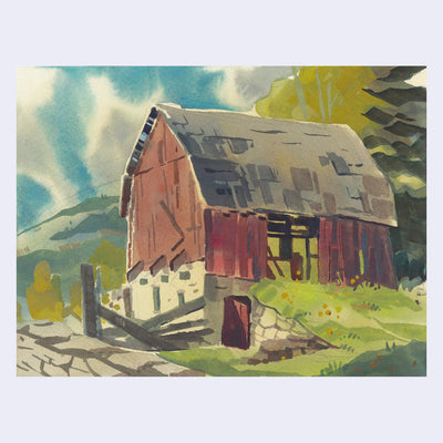 Plein air painting of an old red barn, with most of its walls missing.