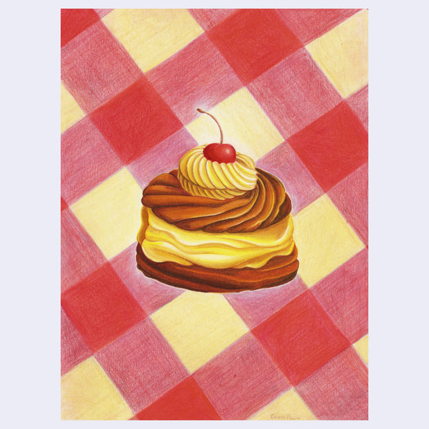 Illustration of a cream filled pastry on a plaid background with cream and red. Pastry has a cherry on top. 