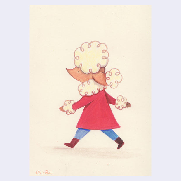 Colored pencil drawing of a cartoon poodle, wearing a fluffy red coat and walking briskly.