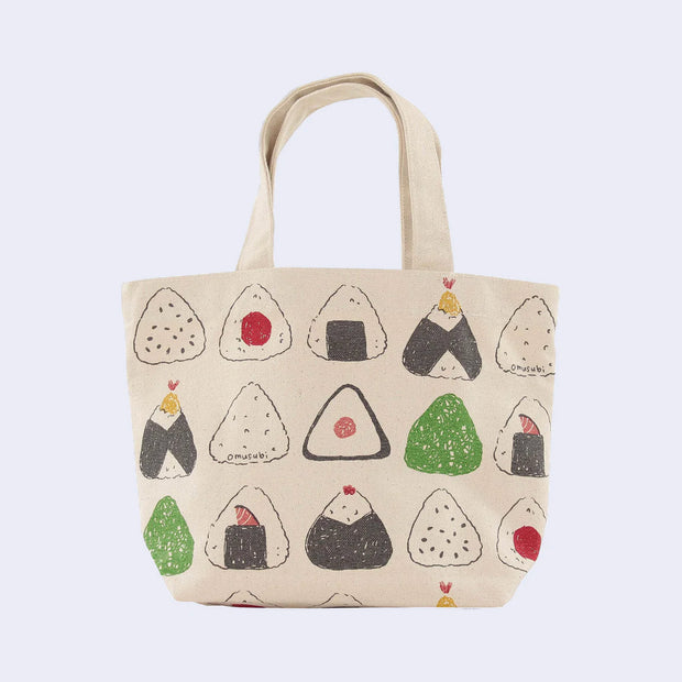 Cream colored cotton purse with a short handle and repeating pattern on bag of onigiri illustrations, with various exteriors and fillings.