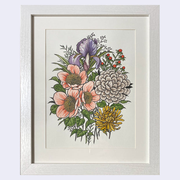 Framed painting of a bouquet of various flowers.