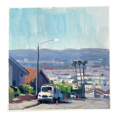 Plein air painting of a neighbor street that's on a hill overlooking the city, with many buildings far below. A truck is parked under a street light with orange traffic cones around it. Sky is blue and a purple mountain range encases the city below.