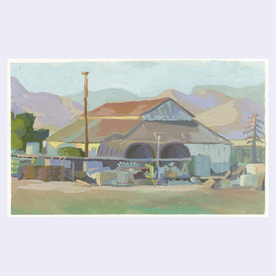 Plein air painting of a large white wooden building with a tan roof, in front of a work yard with lots of construction materials.