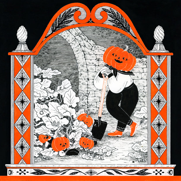 Black and white Illustration with bright orange accent coloring. A person with a pumpkin head poses, resting their body weight on a shovel. Next to the shovel is a small pumpkin patch, with little pumpkin headed children. Piece is framed in an ornate designed border, with a columns on each side and an archway overhead. 