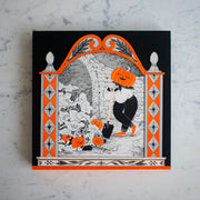 Black and white Illustration with bright orange accent coloring. A person with a pumpkin head poses, resting their body weight on a shovel. Next to the shovel is a small pumpkin patch, with little pumpkin headed children. Piece is framed in an ornate designed border, with a columns on each side and an archway overhead.