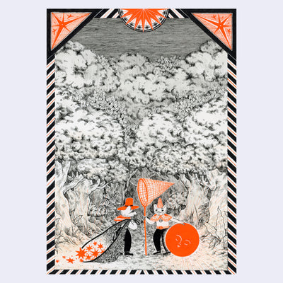 Fine line black ink drawing with bright orange color accents, of a cat and a fox, dressed as people standing in the woods under large trees. One holds a large net and has an orange sun under its arm. The other, holds a large open sack of orange stars.