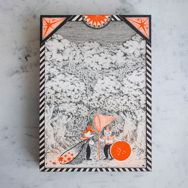 Fine line black ink drawing with bright orange color accents, of a cat and a fox, dressed as people standing in the woods under large trees. One holds a large net and has an orange sun under its arm. The other, holds a large open sack of orange stars.