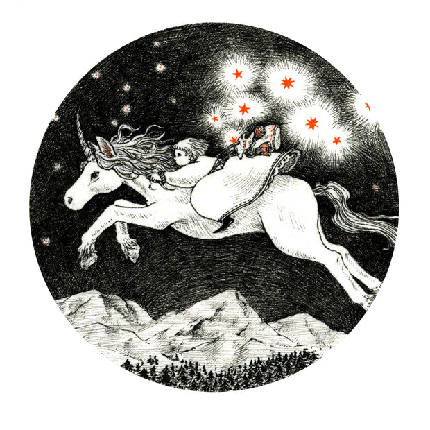 Black ink illustration of a girl riding atop a unicorn through the night, with orange stars coming out of her pouch.