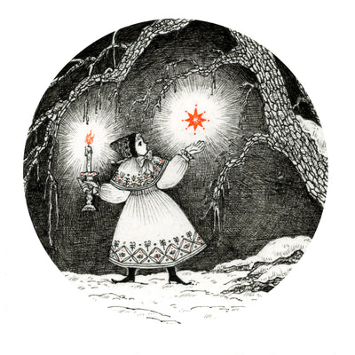 Black ink illustration of a woman walking through a night scene with a candle and an illuminated orange star.
