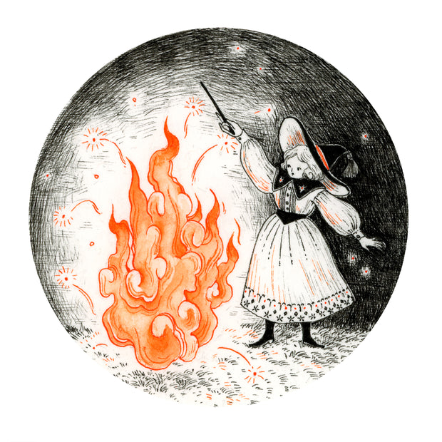 Black ink illustration of a small witch holding a wand over a large orange fire.