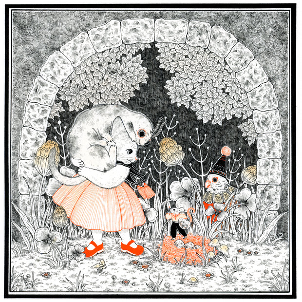 Black and white illustration with fine line detailing and subtle orange color accents. A cat wearing a dress stands with a strange monster creature on its back, as if protecting it. A small nest of eggs sits on the ground. They stand in a grassy area with a stone archway behind them.