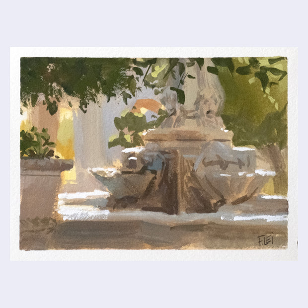 Plein air painting of a stone fountain with a matching stone planter nearby. Tree leaves frame the top part of the scene.