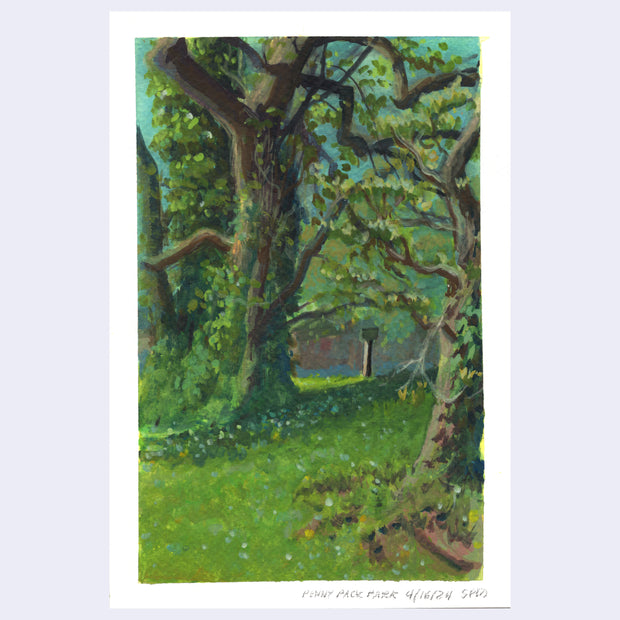 Plein air painting of a park with lush grass and many tall trees with thick trunks and wild branches. Moss and vines grow up the trunks of the trees.