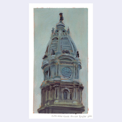 Plein air painting of a historic clock tower, with ornate domed architecture against a grayish blue sky.