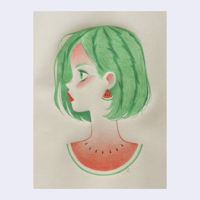 Color pencil illustration of a left facing woman, seen from the neck up. Her hair is bob length and colored like a watermelon rind. Her shirt collar is a perfect watermelon slice semi circle and she wears triangle watermelon slice earrings.