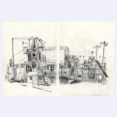 Stylistically messy graphite drawing spanning 2 sheets of paper of an industrial plant, with many pipes, telephone poles and gates enclosing the area.