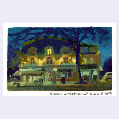 Plein air painting of a storefront at night time, with a dark blue sky behind and yellow lights lighting up the store. A tall tree grows in the sidewalk in front.