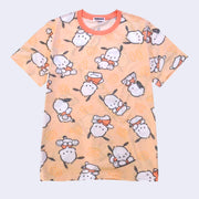Peach colored short sleeved t-shirt with a repeating pattern of Pochacco in slightly different poses and a subtle "Pochacco" text pattern behind it.