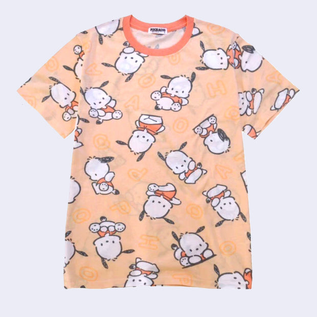 Peach colored short sleeved t-shirt with a repeating pattern of Pochacco in slightly different poses and a subtle "Pochacco" text pattern behind it.