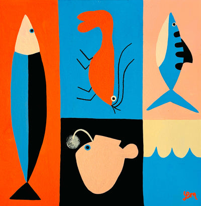 Painting divided into 5 quadrants of solid color: orange, blue, black, yellow and peach. Each section has a color block style illustration of fish, aside from one quadrant featuring ocean waves instead.