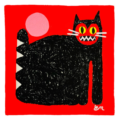 Painting on bright red background of a black cat, with a scary simplistic red face with yellow eyes. A pink sun hangs in the background.