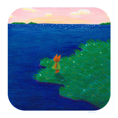 Illustration of a orange cat standing on a grassy peninsula, with bright blue water all around it. The cat's back faces the viewer as it looks out at the horizon.