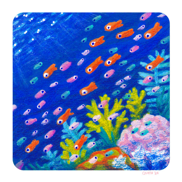 Highly saturated colored pencil drawing of a school of small orange, pink and blue fish swimming underwater with colorful coral nearby. Sun rays shine down from the top.